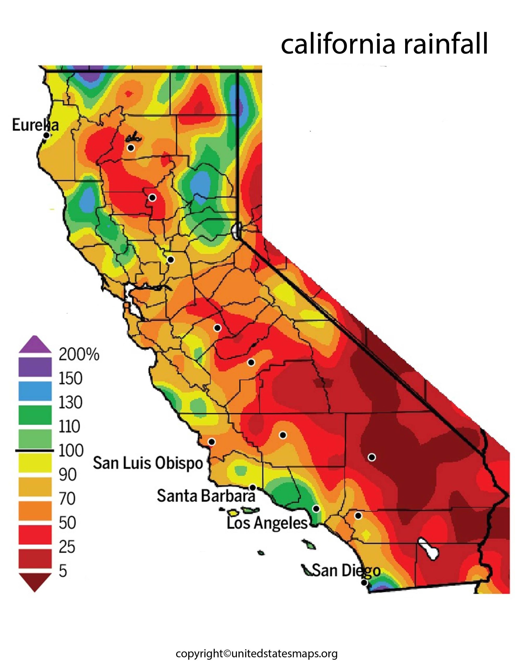 California Rainfall Map Rainfall Map of California