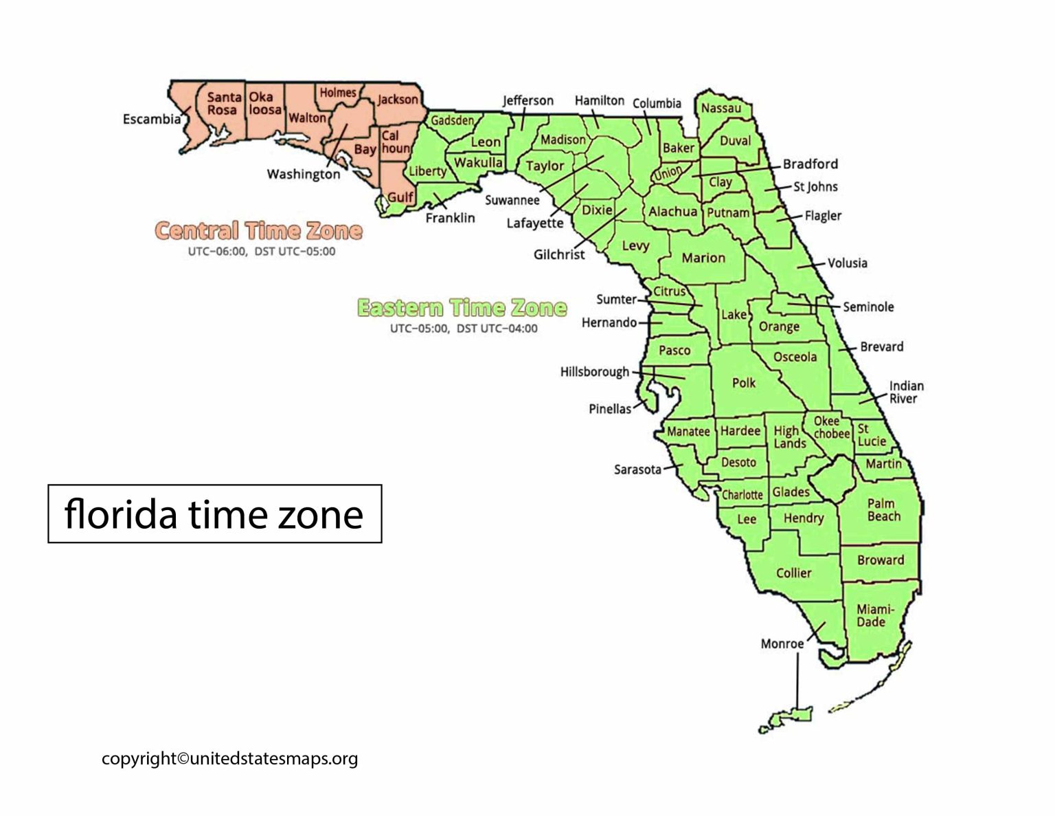 Florida Time Zone Map  Map of Florida Time Zones