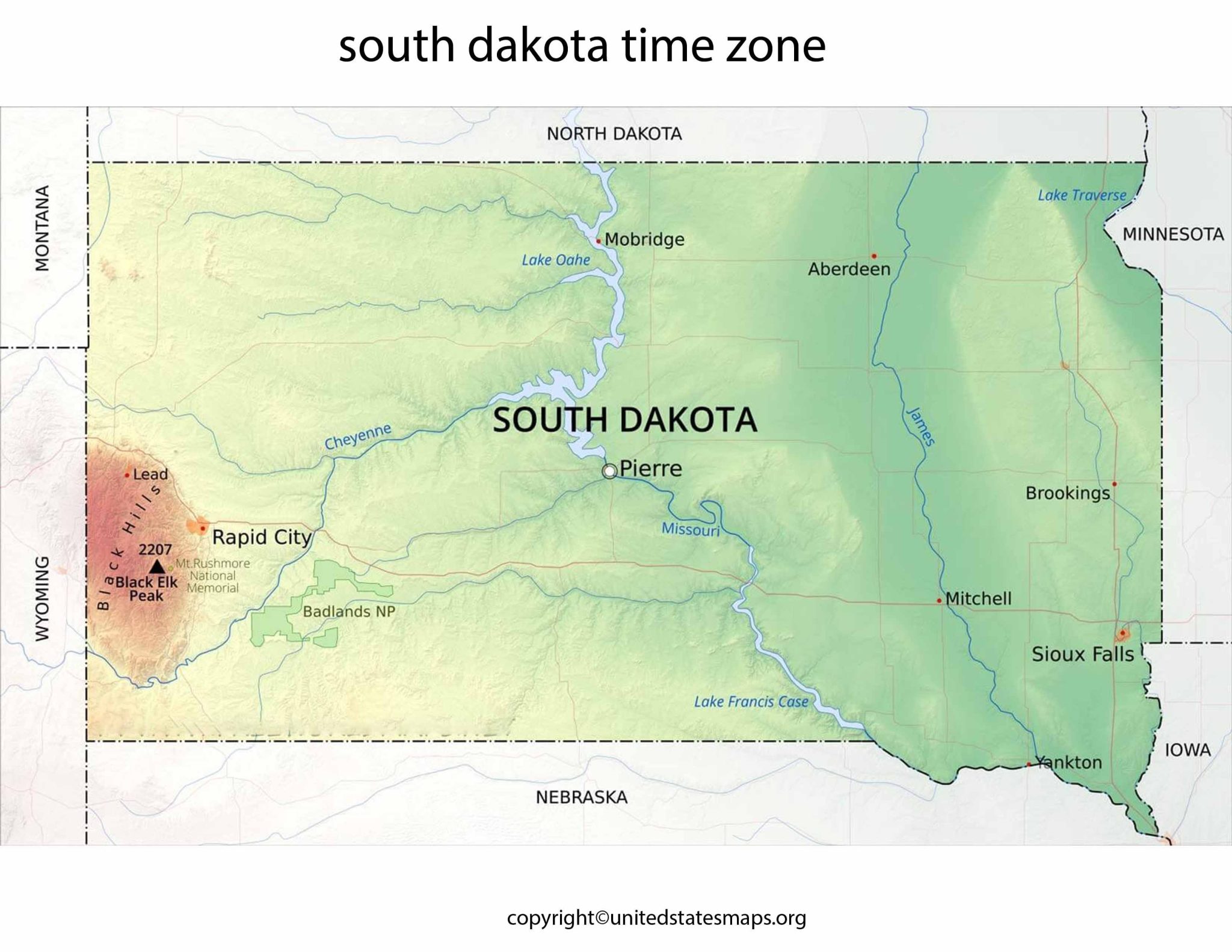 South Dakota Time Zone Map Map of South Dakota Time Zones