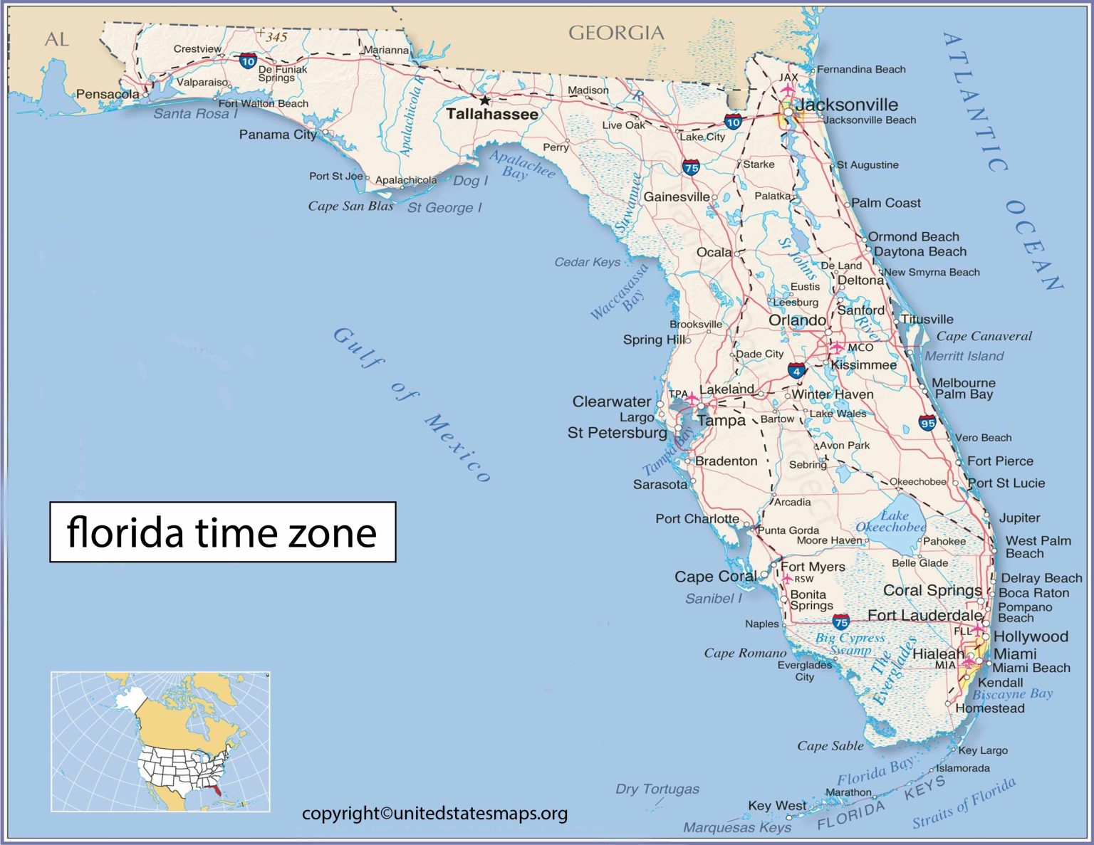 Florida Time Zone Map  Map of Florida Time Zones