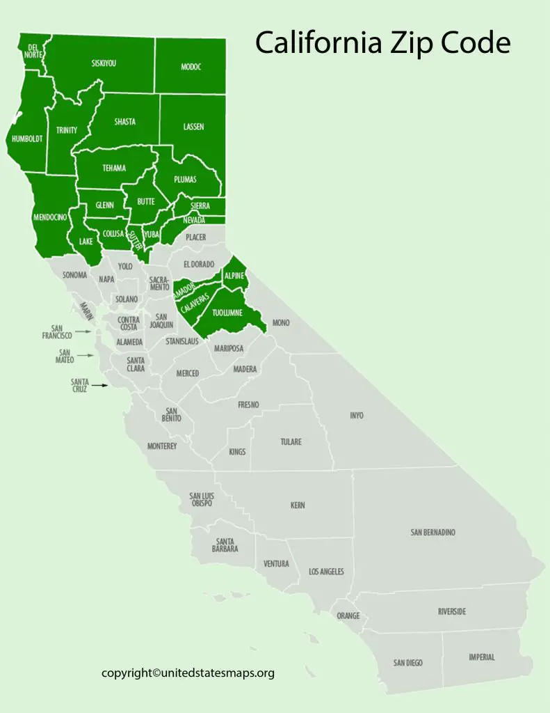 Zip Codes in California Map