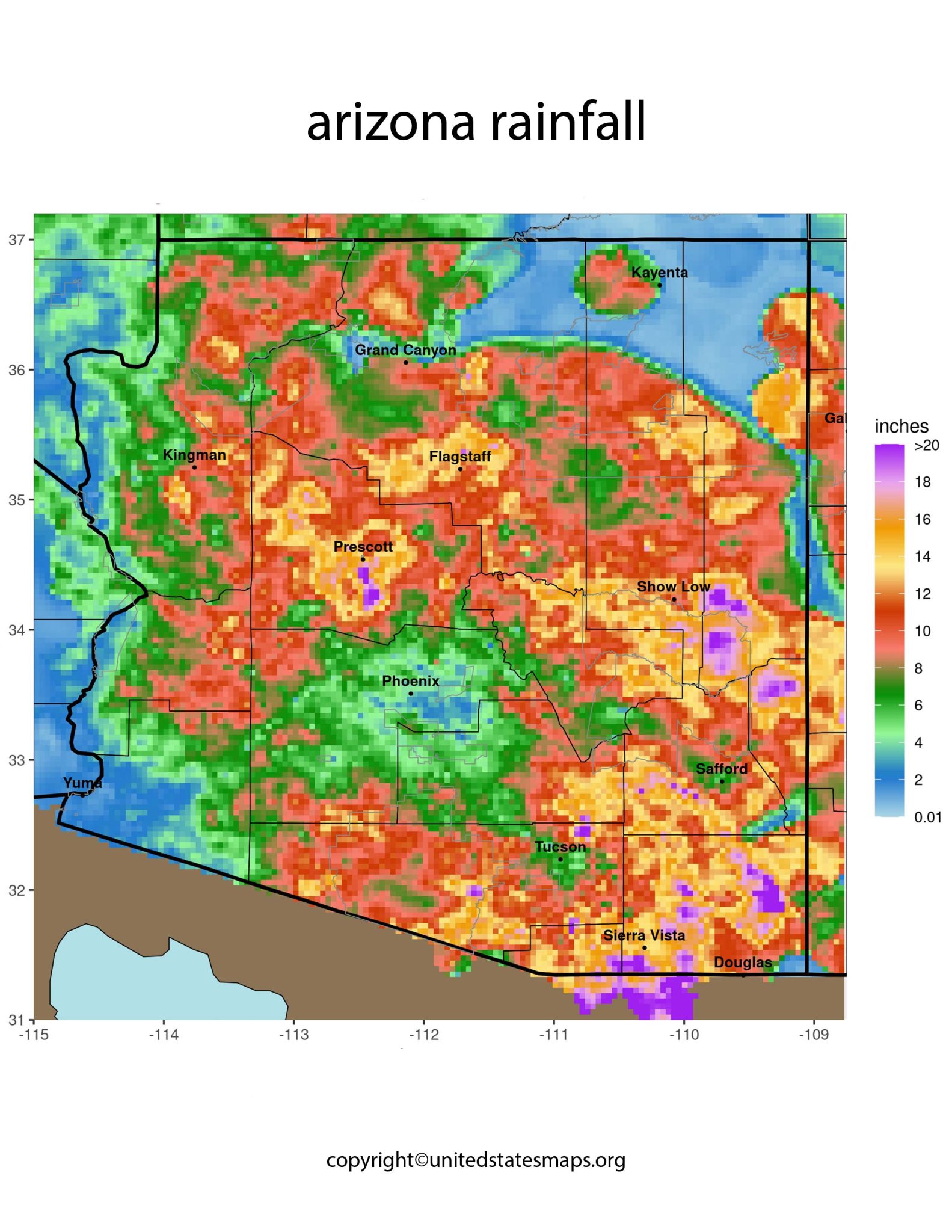 Arizona Rainfall Map Arizona Annual Rainfall Map