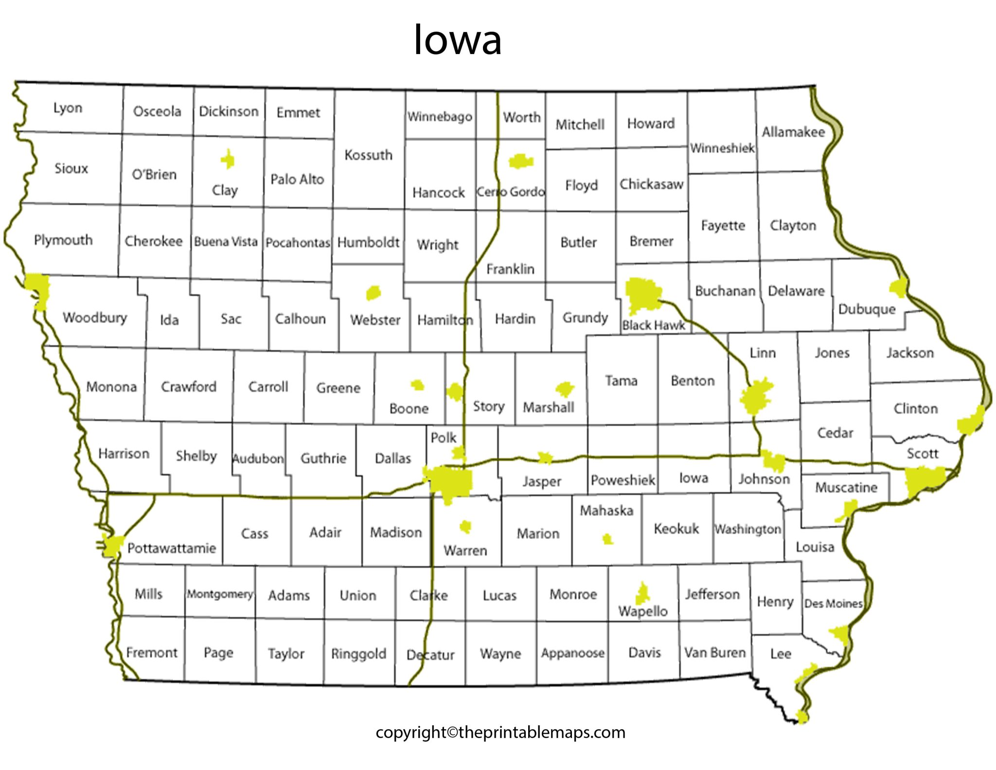 Iowa County Map | County Map of Iowa with Cities