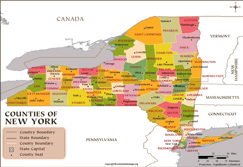 County Map of New York with Cities