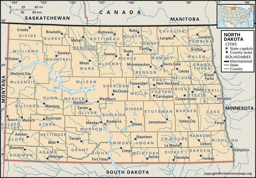 Map of North Dakota Counties and Cities