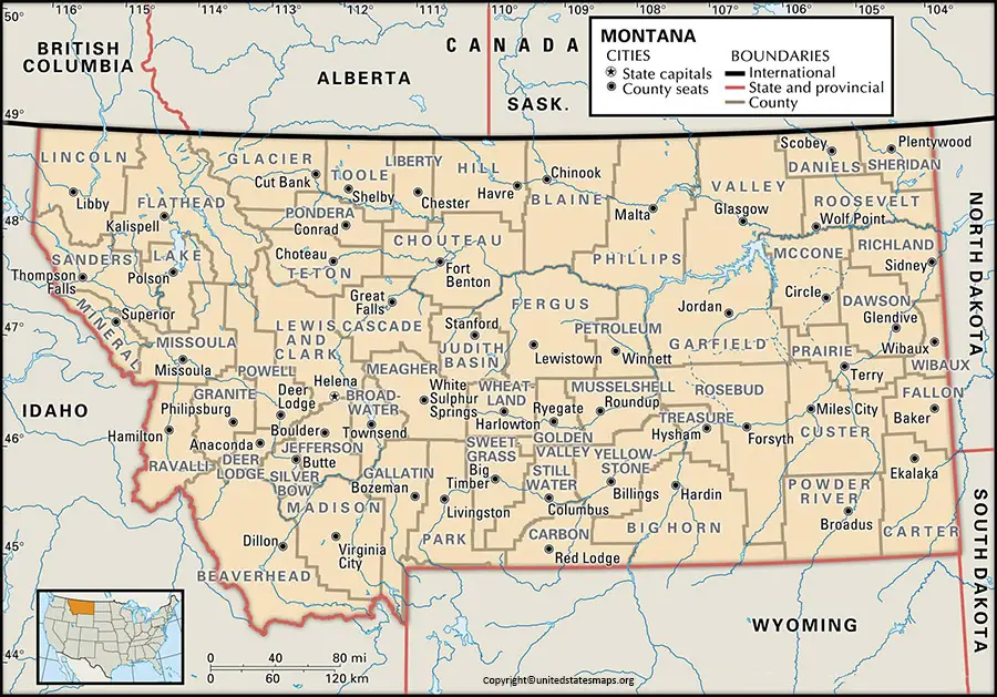 Montana map with counties and cities