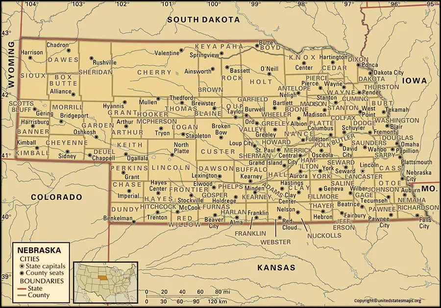 Nebraska Map with Counties and Cities