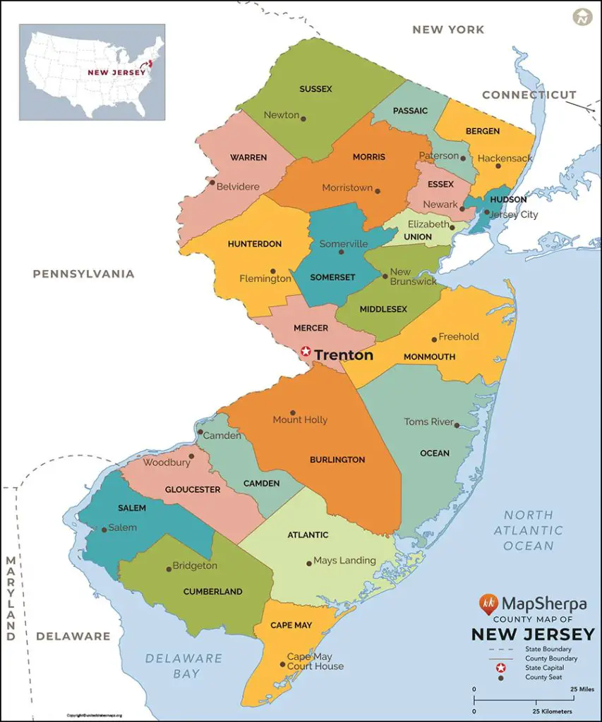 New Jersey Map with Counties and Cities