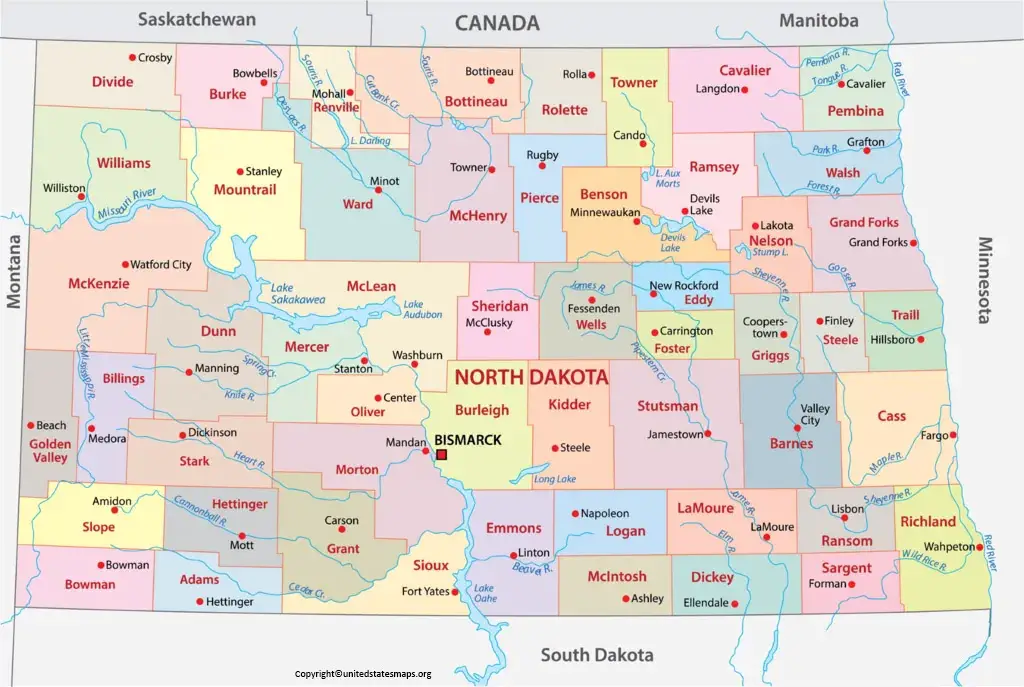 North Dakota Map with Counties