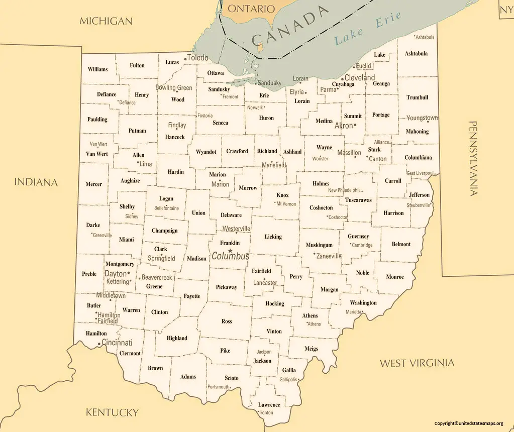 Ohio county map with cities