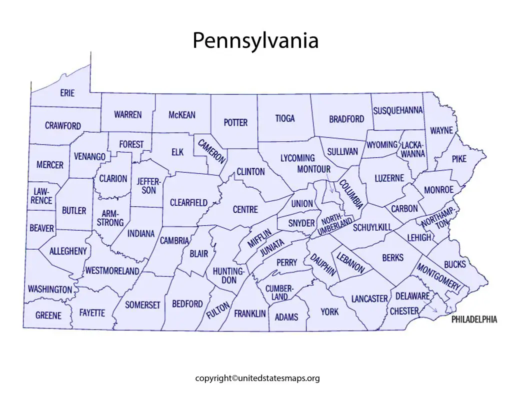 county map of Pennsylvania with cities