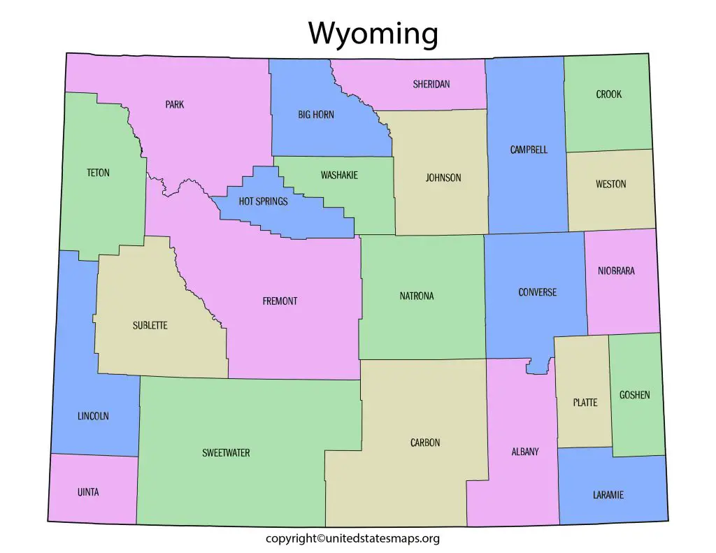 county map with cities in Wyoming