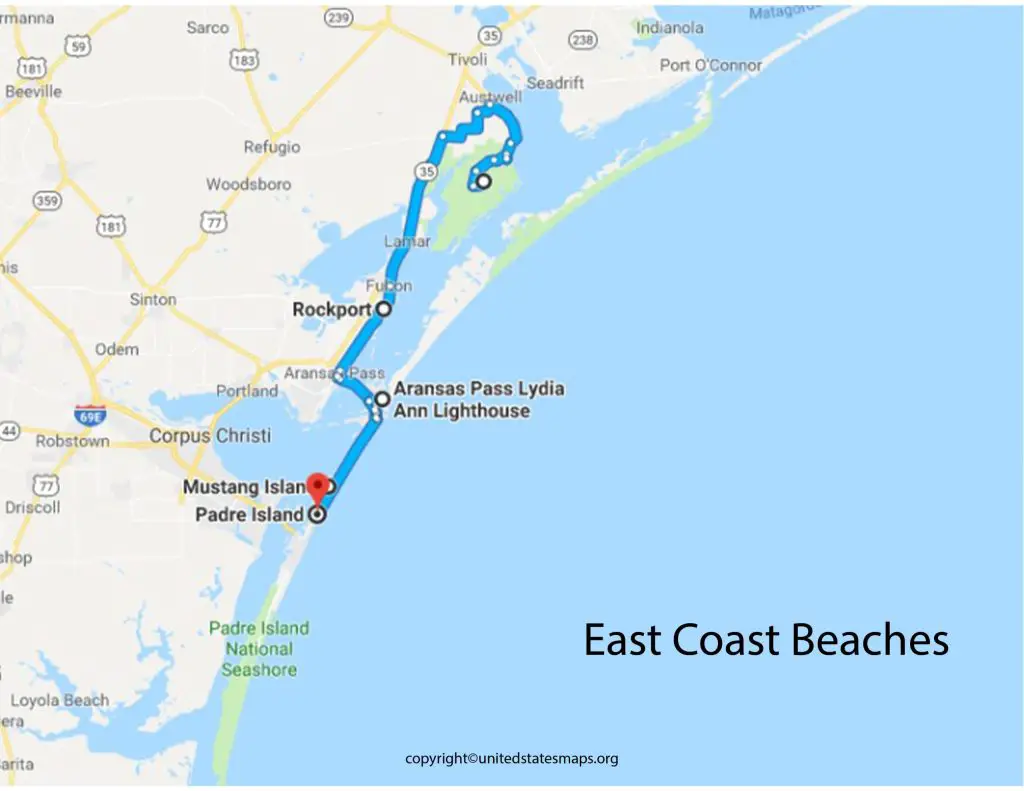 Beaches on East Coast Map