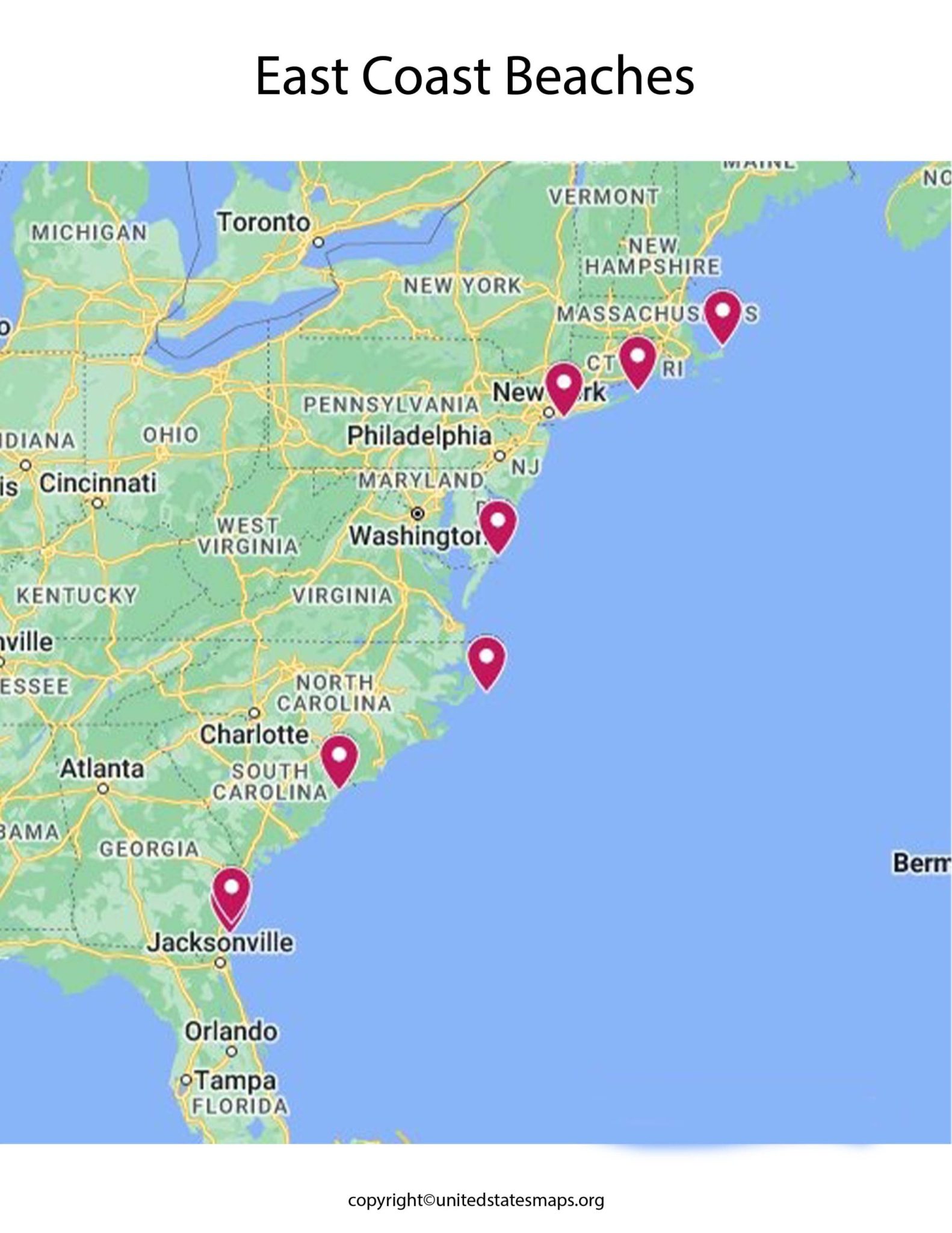 East Coast Beaches Map | Map of East Coast Beaches