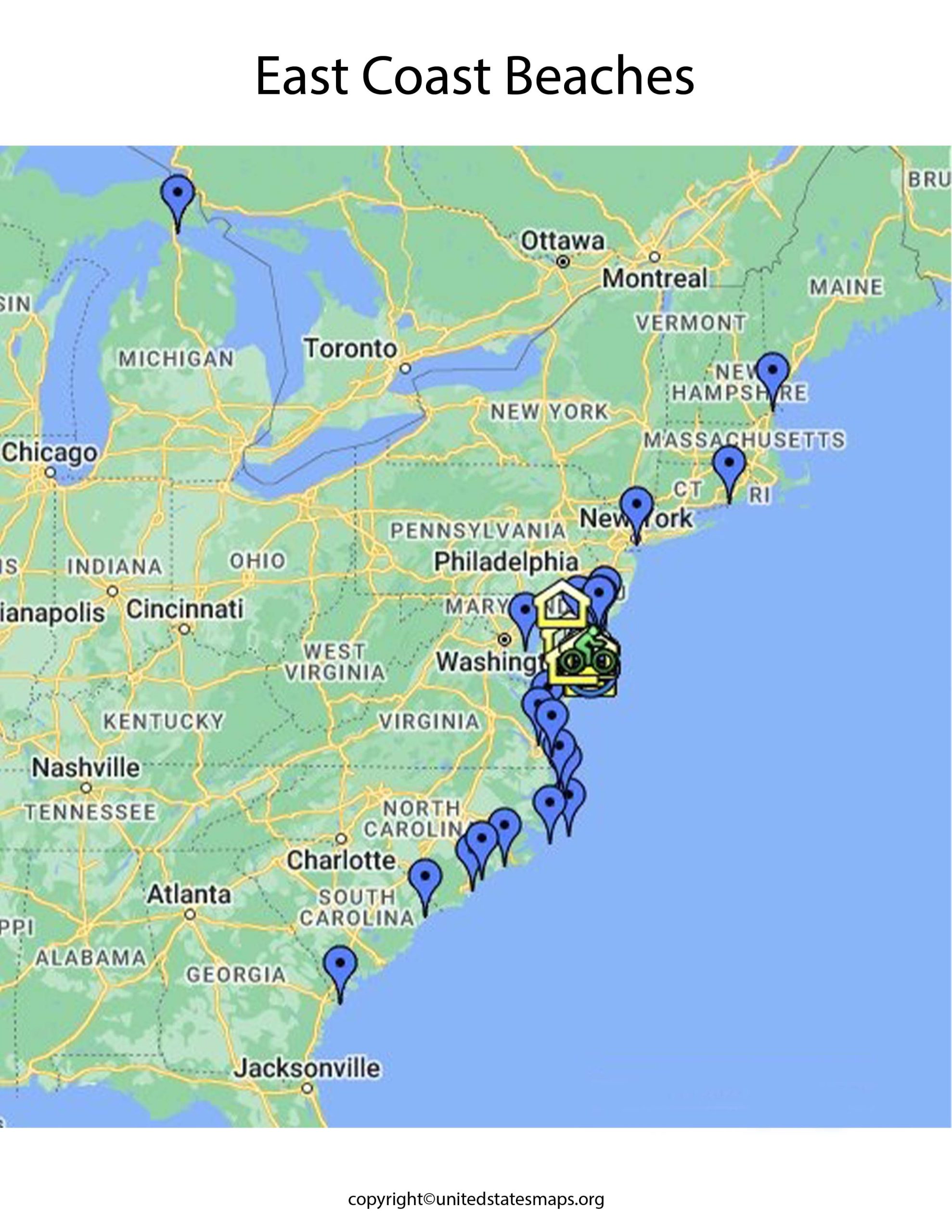 East Coast Beaches Map | Map of East Coast Beaches