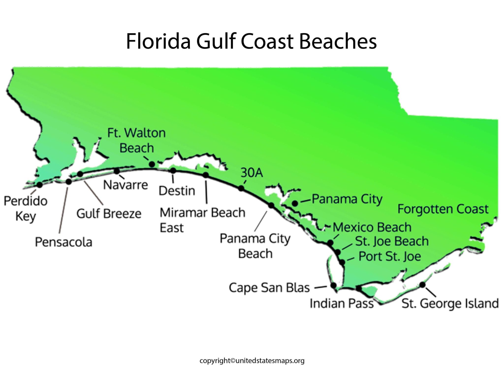 Florida Gulf Coast Beaches Map  Gulf Coast FL Beach Map