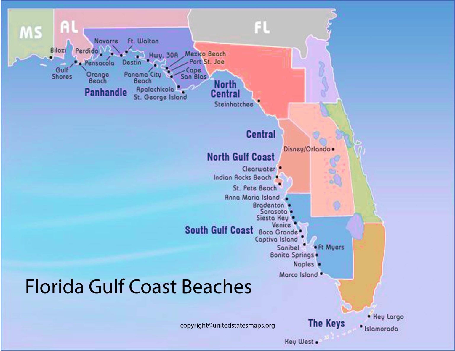 Florida Gulf Coast Beaches Map  Gulf Coast FL Beach Map