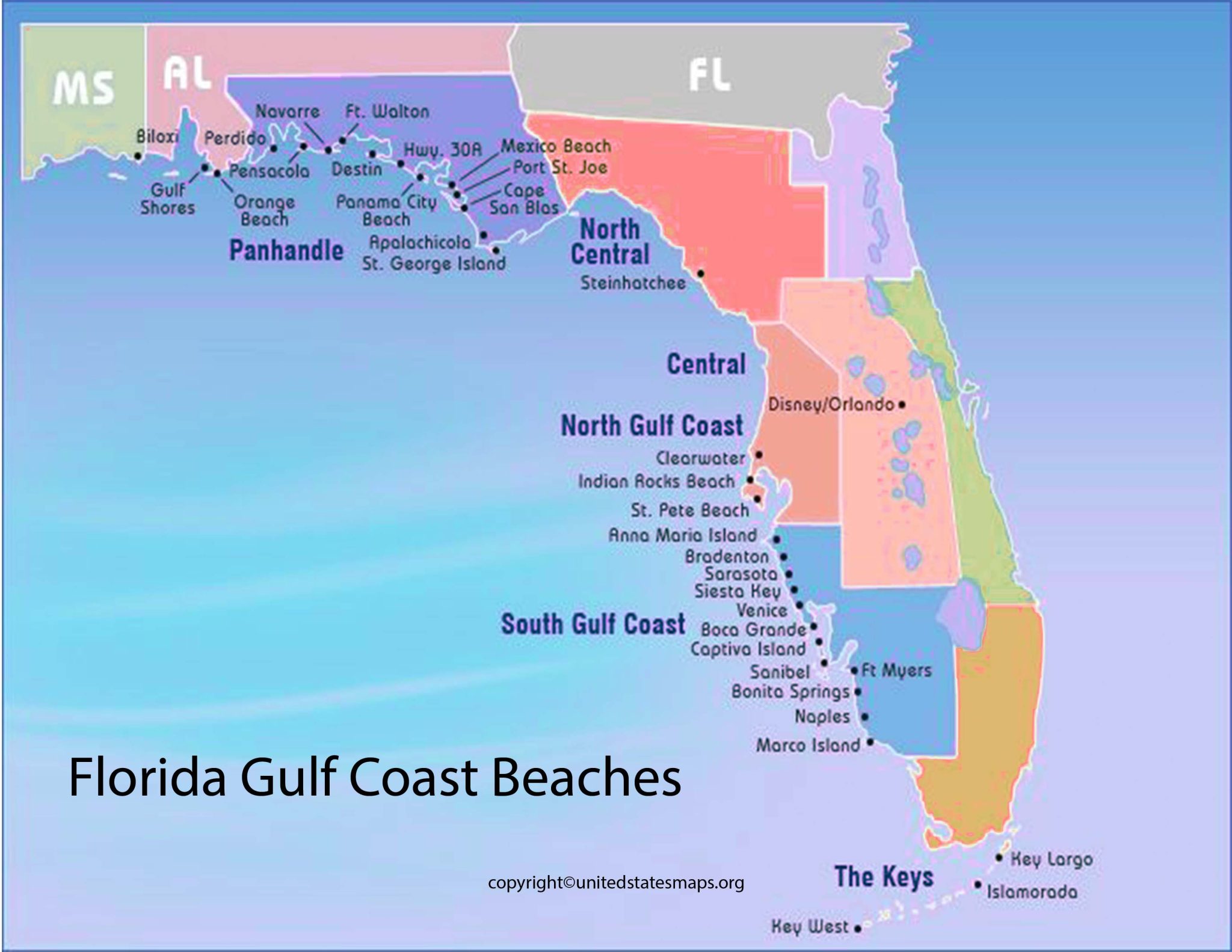 Florida Gulf Coast Beaches Map | Gulf Coast FL Beach Map