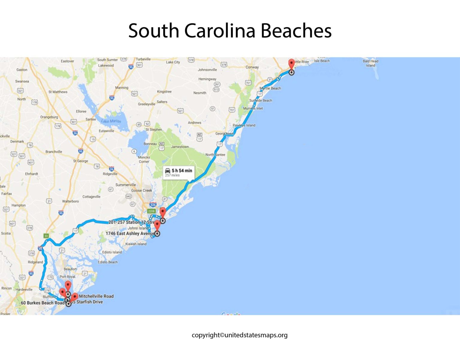 South Carolina Beaches Map Map of South Carolina Beaches